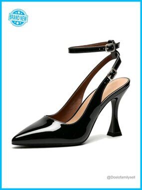 Faux Leather Pointed Toe Slingback Pumps 3.7 Inch Flare Heel with Ankle Strap